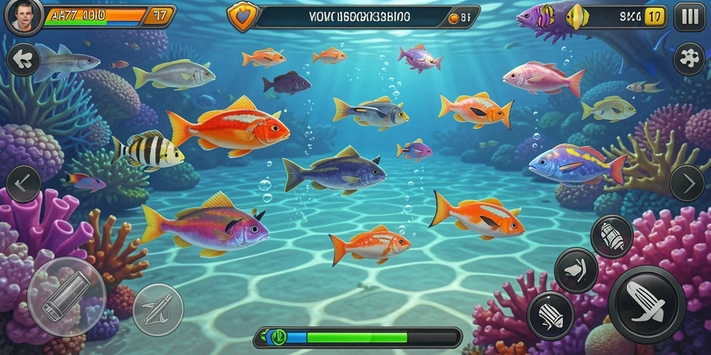 Gameplay seru dalam API77 dengan ikan berwarna-warni yang menunggu ditangkap.
