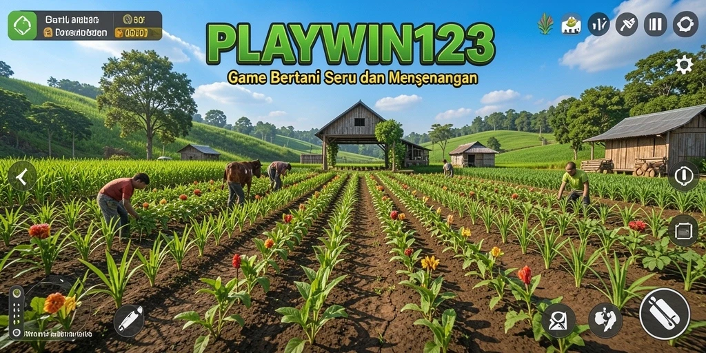 Screenshot menampilkan gameplay seru dari PLAYWIN123 dengan aktivitas bertani.